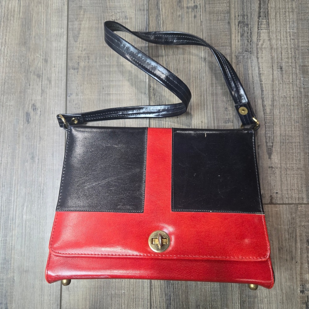 Vintage 60s 70s Naturalizer Handbag Colorblock Shoulder Black Red Mod Rockabilly
